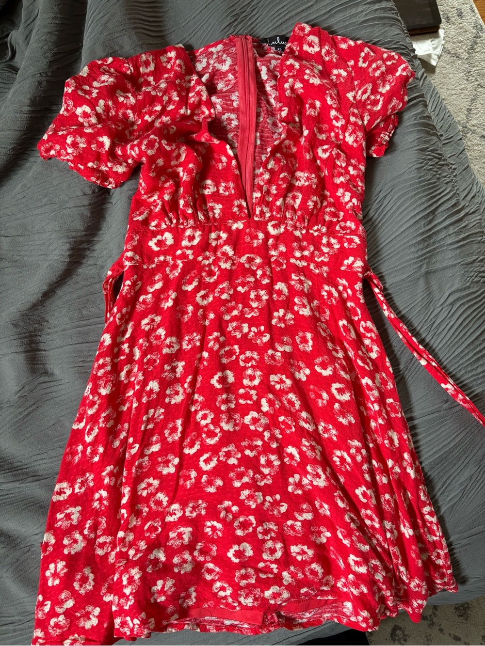 Lulu's Red Floral Wrap Mini Dress